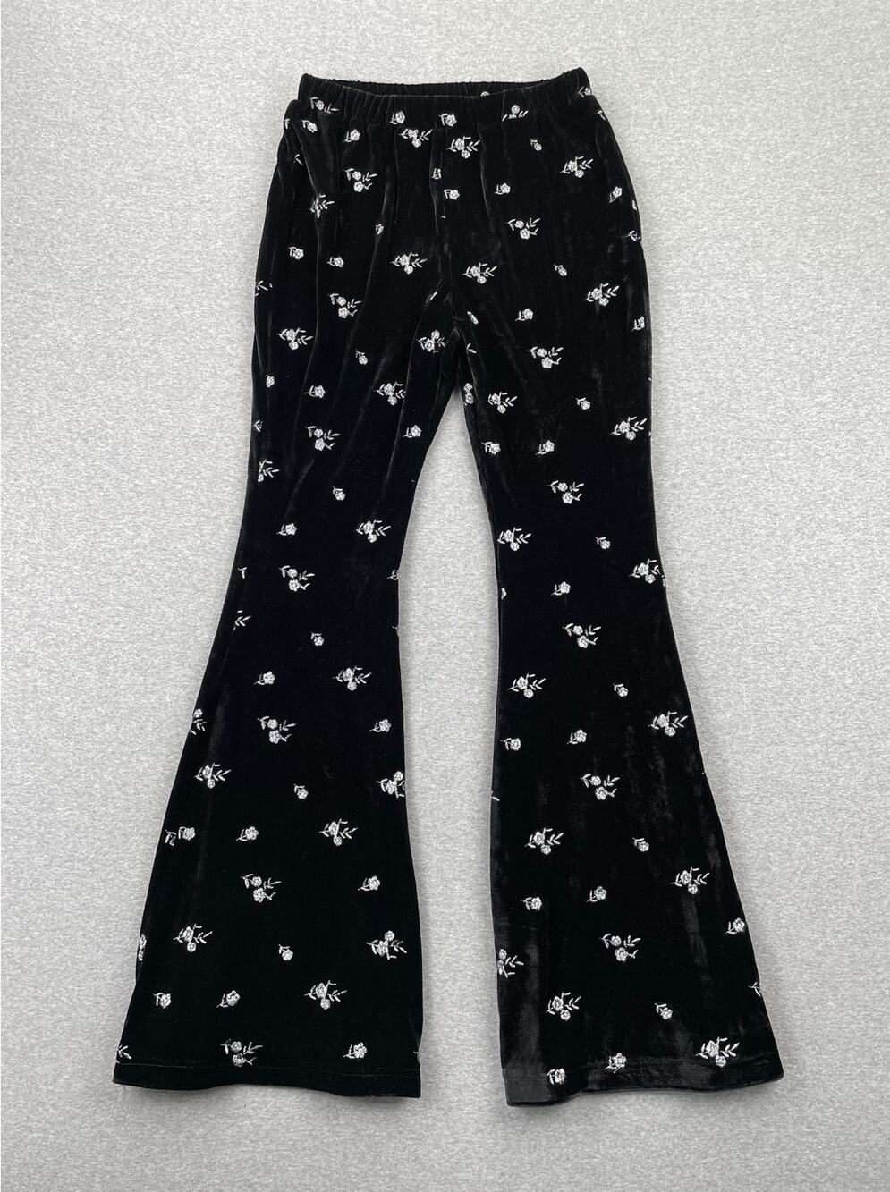 Avec Les Filles Floral Velvet Flare Pants S Black Silver Embroidered Whimsigoth